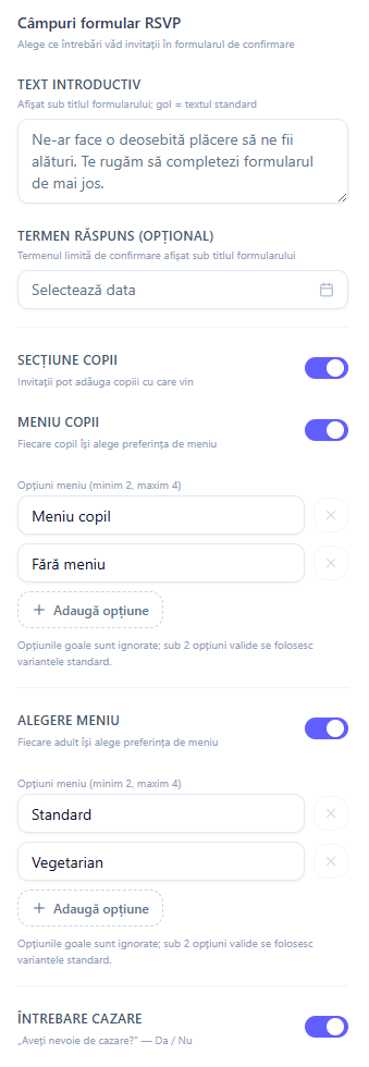 Configurarea formularului de răspunsuri